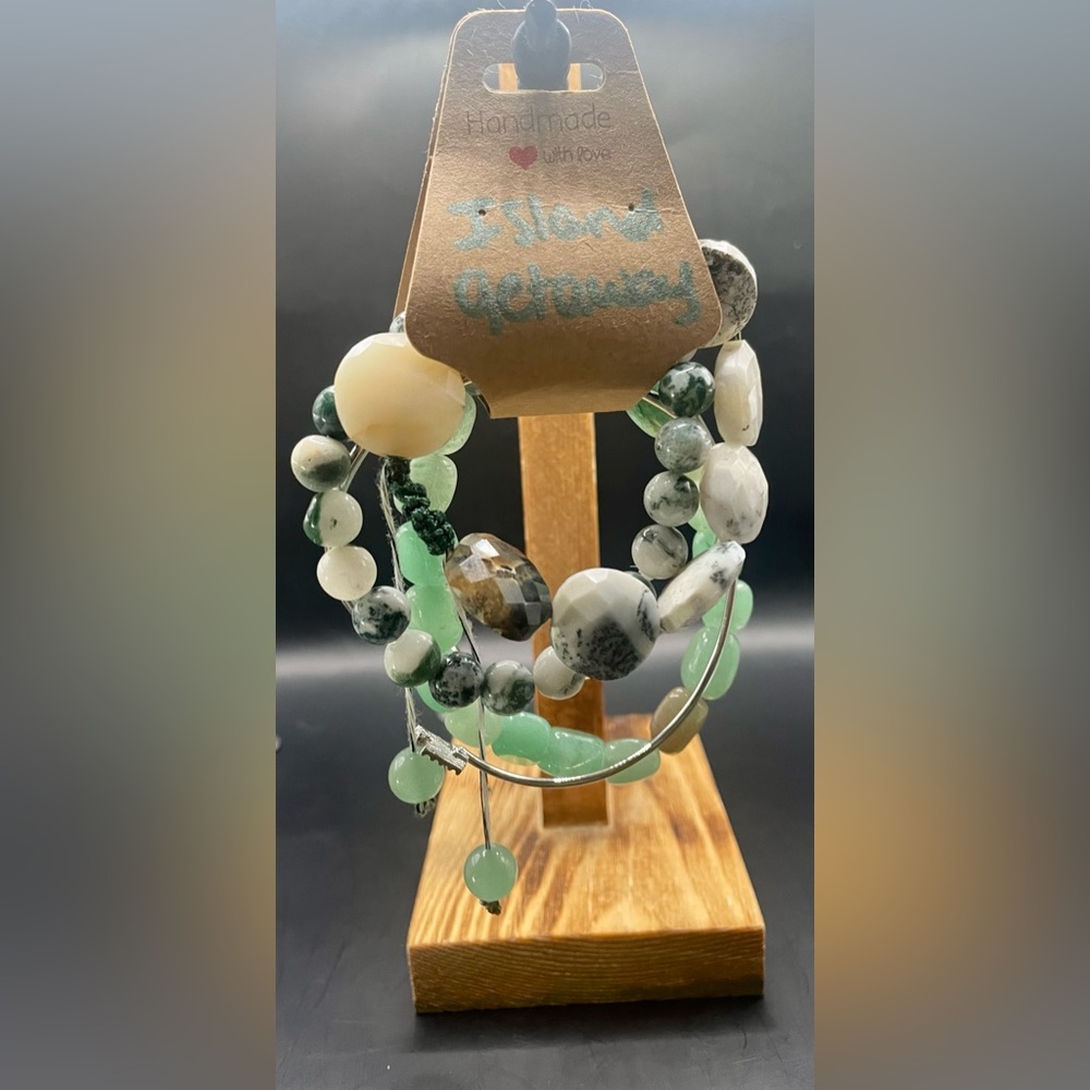 Stackable beaded bracelets adjustable and metal. Green agate smooth green jade &